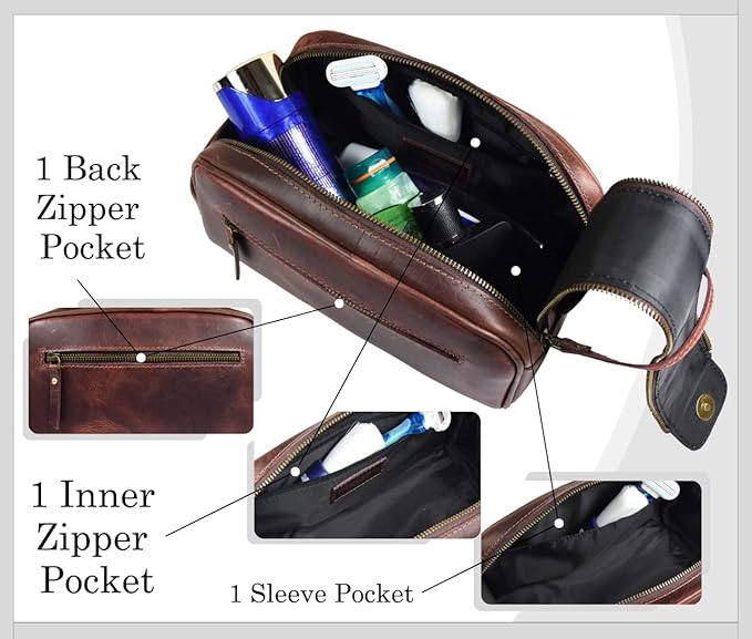 10" Premium Leather Toiletry Travel Pouch - Image 5