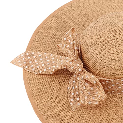 Wide Brim Sun Hat for Women Floppy Straw Hat Summer Beach Hats Fashionable Trendy Hats Sun Protection UPF 50+ (1 Pc：khaki+white Dot Hat, 4.7" Brim)
