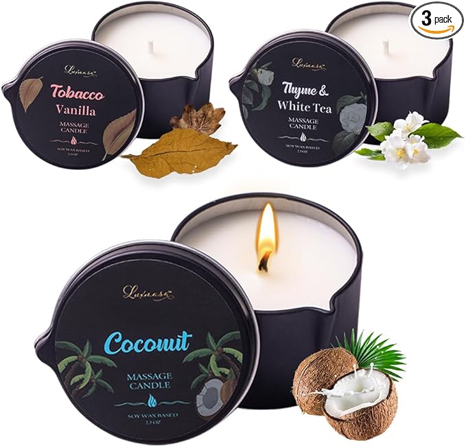 Massage Oil Candle 3 Pack,Coconut Oil Based-Daily Moisturizing Body Oil Relaxing-Natural Therapy Oil Scented Candle-6.9OZ (Coconut, Tobacco Vanilla, Thyme & White Tea)