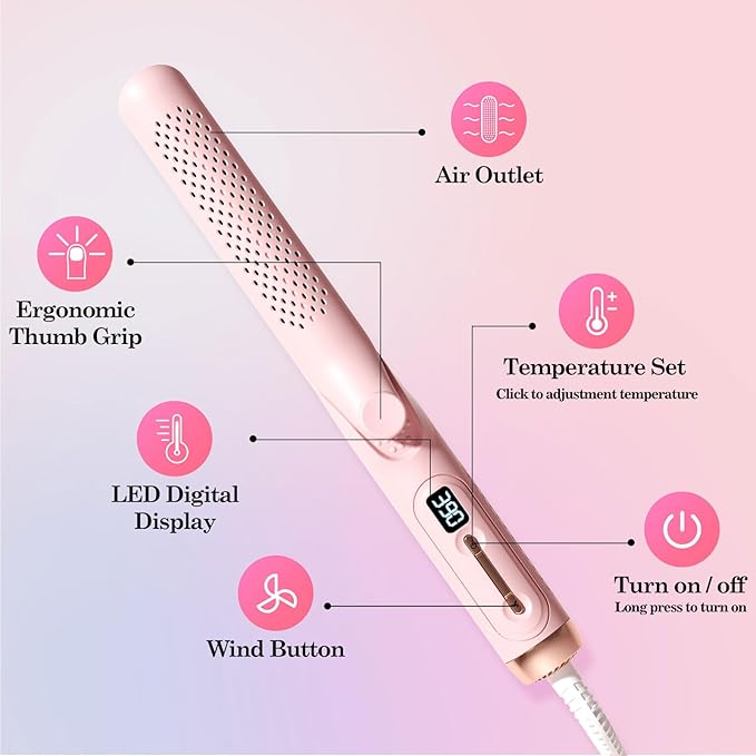 Hahahope Hair Straightener Curler 2-in-1: 1.25" Flat Iron for Women - Curling Wand 360° Airflow Cooling Vents Titanium Ionic for Less Frizz - 5 Temps & Auto Off Dual Voltage (Pink)