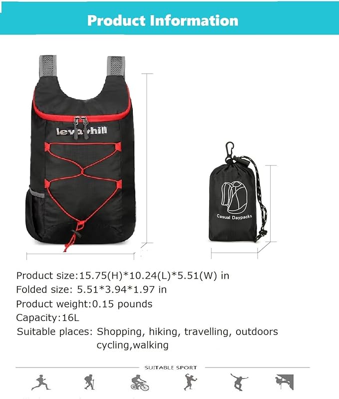 16L Hiking Daypack Lightweight Foldable Travel Backpack Water Repellent Camping - Image 4