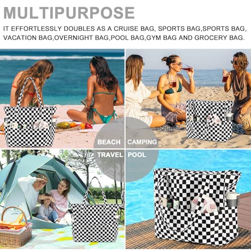 Waterproof Beach Tote Pool Bags for Women Ladies Extra Large Gym Tote Carry On Bag With Wet Compartment for Weekender Travel (Checked Black White)