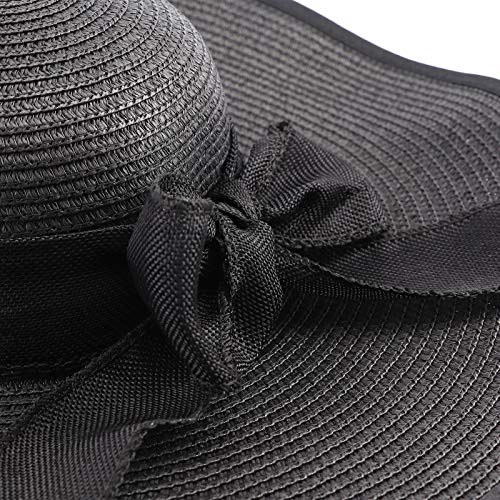 Women Wide Brim Bow Straw Hat Floppy Foldable Beach Sun Hat Roll up Cap UPF 50+ (Aca Black 5.9)
