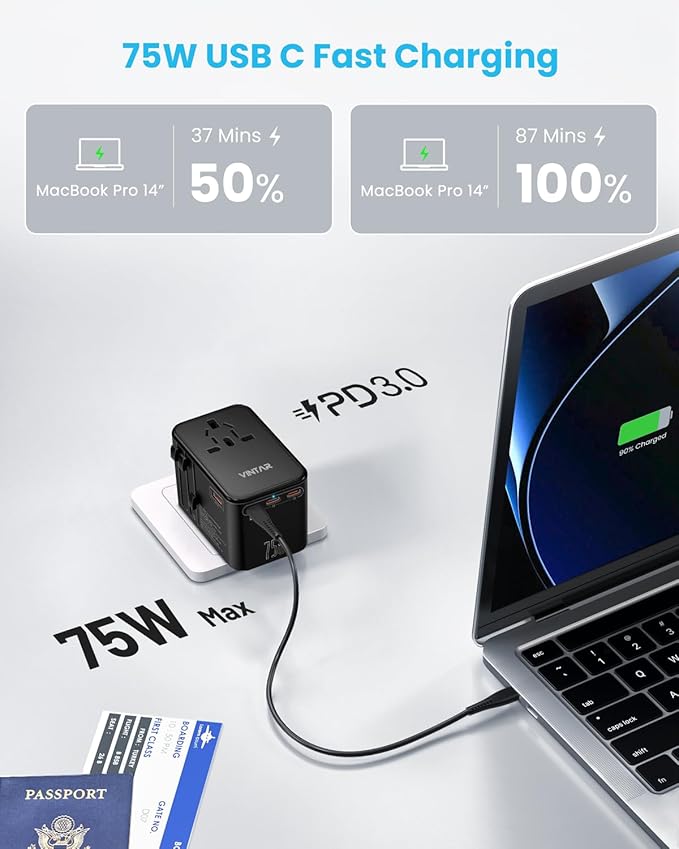 Universal Travel Adapter, VINTAR 75W GaN International Power Adapter - Image 2