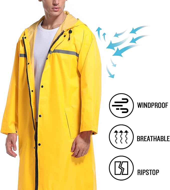 Mens Long Hooded Safety Rain Jacket Waterproof Emergency Raincoat Poncho - Image 5