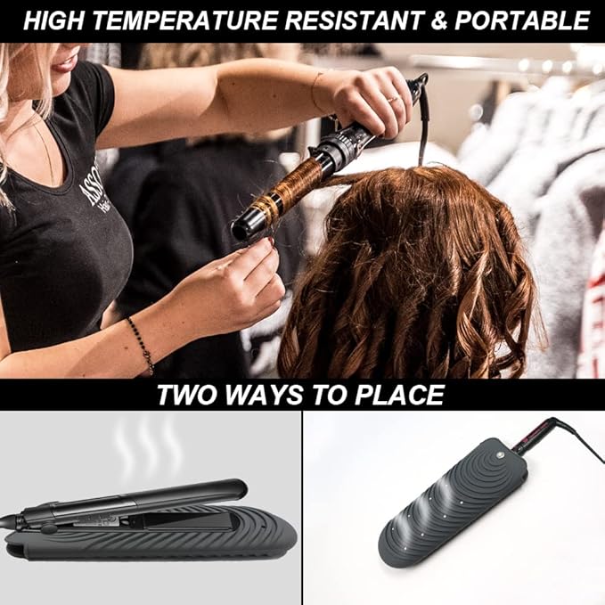 Heat Insulating Silicone Mat Pouch for Hair Straightener, Anti-Slip Travel Pad Cover for Curling & Flat Iron, Portable Styling Heat Mat Holder for Curler Wand and Hot Waver (Dark Gray)