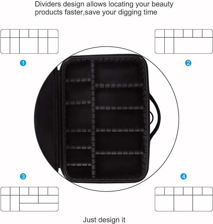 Relavel Makeup Bag Travel Makeup Train Case 13.8 inches Large Cosmetic Case Professional Portable Makeup Brush Holder Organizer and Storage with Adjustable Dividers and Shoulder Strap Black