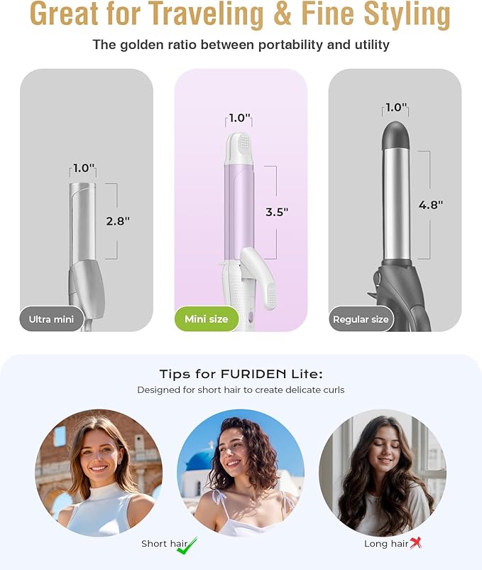 Europe Travel Curling Iron Mini: Dual Voltage Curling Iron for Traveling - Mini Travel Curling Irons 1 Inch with US Plug,Purple 390℉ for Fine/Damaged Short Hair