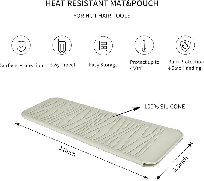 Silicone Heat Resistant Mat, Protects Surfaces from Heat Damage, Provides Slip Resistance, and Offers Multipurpose Storage for Hot Hair Styling Tools (1 Pack, Beige)
