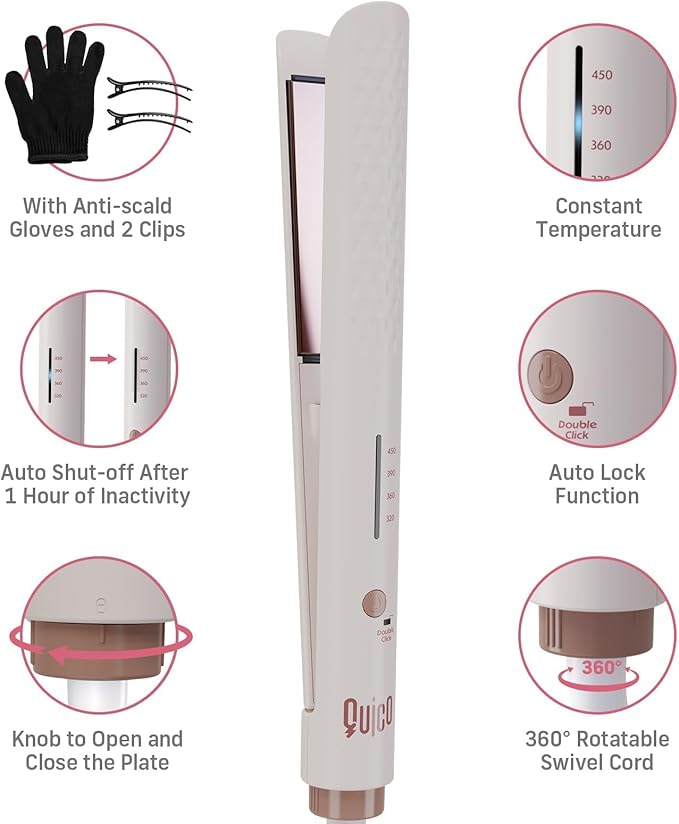 Quico Hair Straightener, 110-240V Global Travel Hair Straighteners for Women, 15s Fast Heating, Professional Negative Ion Flat Iron, Temp Memory, 320℉-450℉, Auto-Off, with Glove and Clips, Gift, Pink