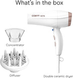 Conair Double Ceramic Hair Dryer, 1875W Blow Dryer with Diffuser and Concentrator, Ionic Conditioning, 3 Heat & 2 Speed Settings, Amazon Exclusive, White
