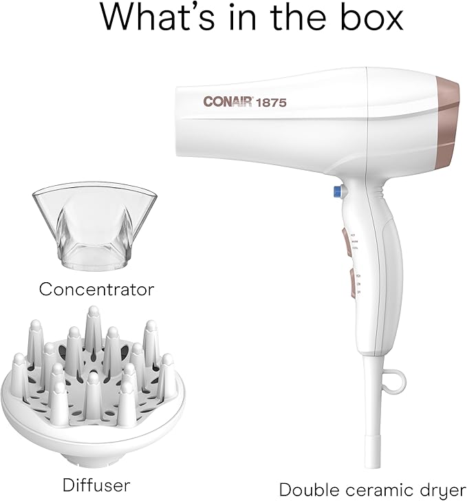 Conair Double Ceramic Hair Dryer, 1875W Blow Dryer with Diffuser and Concentrator, Ionic Conditioning, 3 Heat & 2 Speed Settings, Amazon Exclusive, White