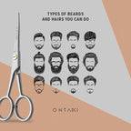 Ontaki German Steel Beard Scissors - 5-Inch, Silver, 1 Count - Beard Grooming Shears & Mustache Trimming Kit with Comb & Pouch, Airplane Friendly, Hand-Forged 410C Steel, Finger Rest