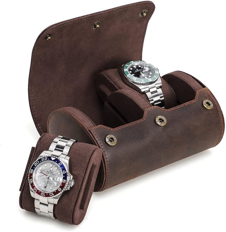 Genuine Leather Watch Roll Travel Case (Roll 2 slots)