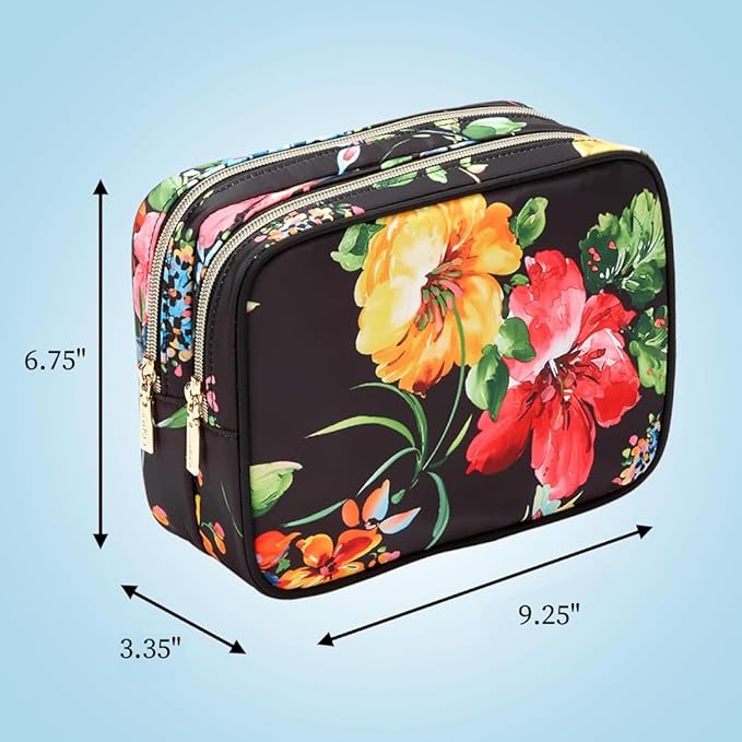 Conair Travel Double Zip Organizer - Toiletry Bag - Makeup Bag - Travel Makeup Bag - Makeup Organizer - Black Floral Print