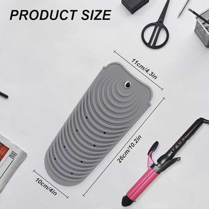 Heat Insulating Silicone Mat Pouch for Hair Straightener, Anti-Slip Travel Pad Cover for Curling & Flat Iron, Portable Styling Heat Mat Holder for Curler Wand and Hot Waver (Grey)