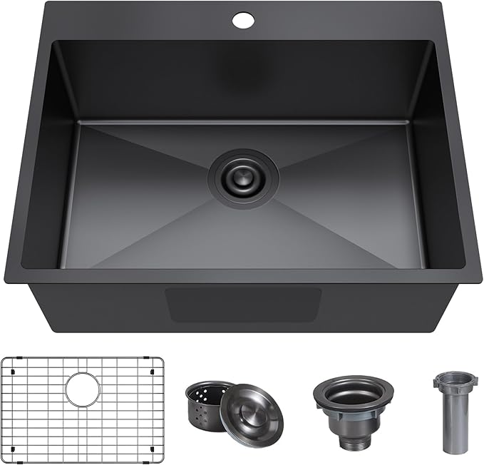 25x22 Inch Black Drop In Kitchen Sink, 25 Inch Gunmetal Black Kitchen Sink Top by Winnpex