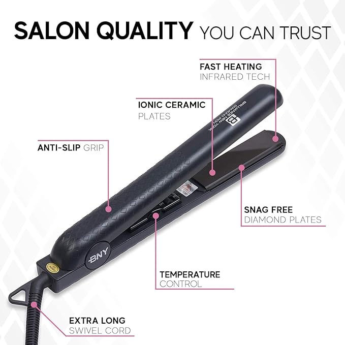 Brilliance New York 1.25 Inch Diamond Ceramic Flat Iron Hair Straightener, Professional Straightener Flat Iron with Anti-Static Ionic Plates