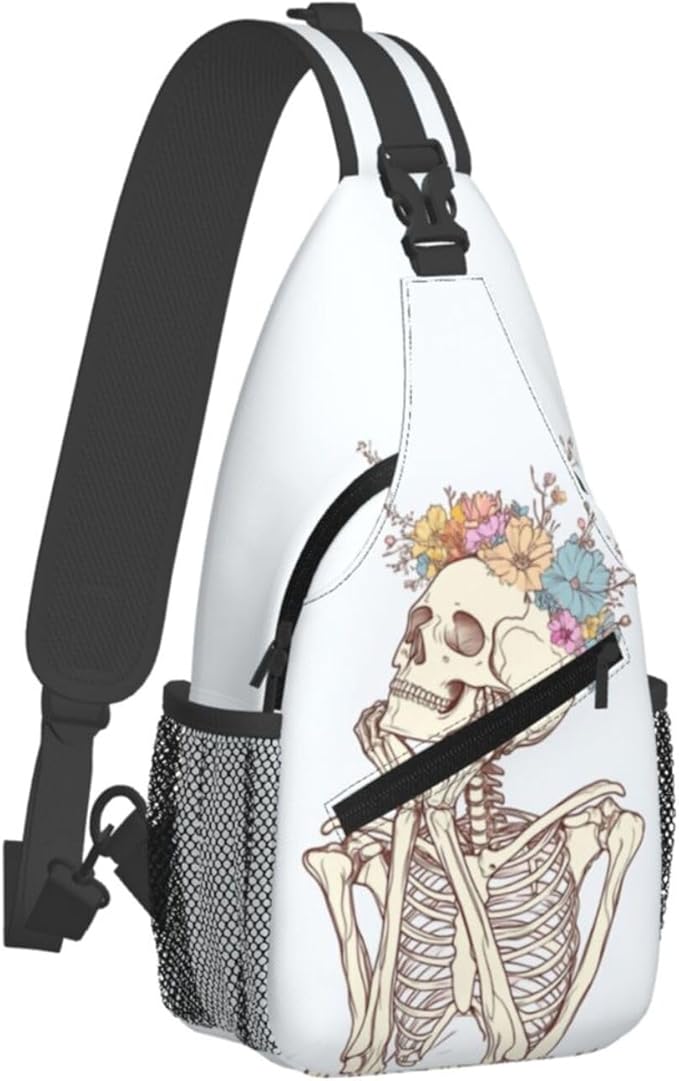 SUPLUCHOM Sling Bag Skeleton Flower Skull Hiking Daypack Crossbody Shoulder - Image 2