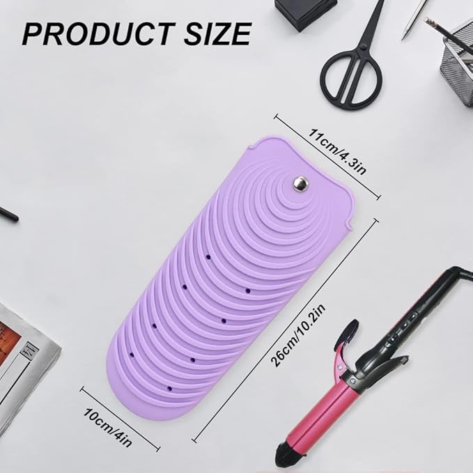 Heat Insulating Silicone Mat Pouch for Hair Straightener, Anti-Slip Travel Pad Cover for Curling & Flat Iron, Portable Styling Heat Mat Holder for Curler Wand and Hot Waver (Purple)