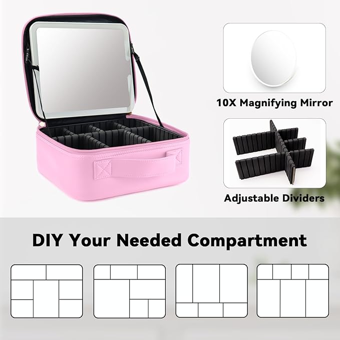 Travel Makeup Bag with LED Mirror and 10x magnifying glass with 3 Lighted - Image 4
