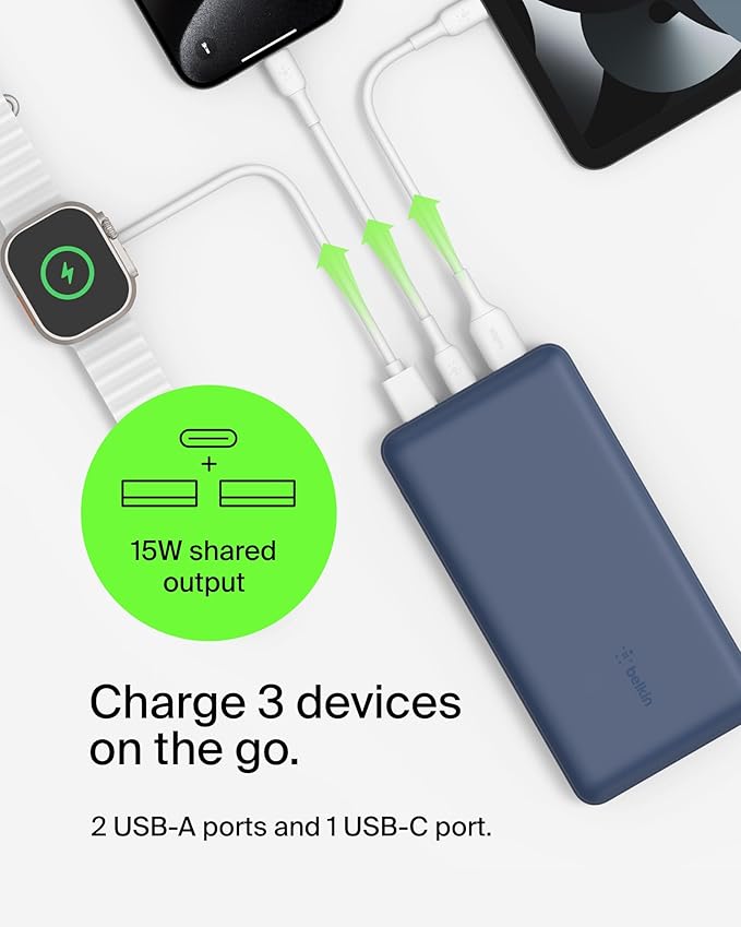 Belkin Portable Charger, USB C Power Bank 20000 mAh w/ 2 USB-A Ports, 15W w/ - Image 5
