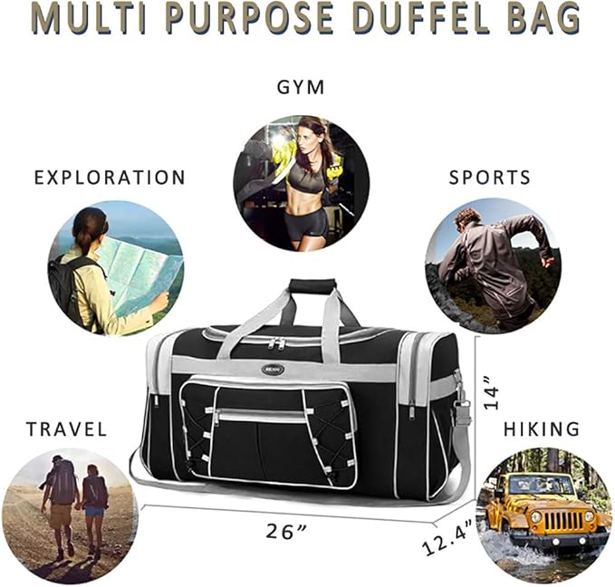 Travel Duffle Bags for Men 26" Black Weekender Over Night Carry On Bag - Image 6