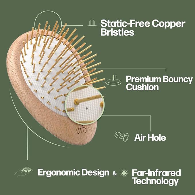 Uffy Acubrusher – 24K Gold-Plated Gua Sha Hair Brush - Ergonomic Scalp Massager for Dandruff & Hair Growth, Suitable for All Hair Types - Ideal Gift Choice in Beech Wood
