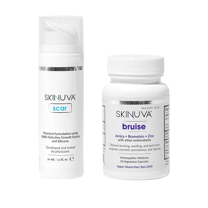 Skinuva® Scar (1.7 oz) & Bruise (14 capsules) - Advanced Silicone Cream Formulated with Growth Factors & Homeopathic Bruise Remedy Formulated with Arnica, Bromelain & Zinc