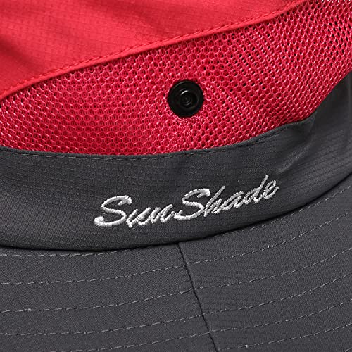 Womens Summer Sun Hat Beach Hat Wide Brim Outdoor UV Protection Hat Foldable Cool Mesh Ponytail Bucket Hat (6-7 / Red-gray)