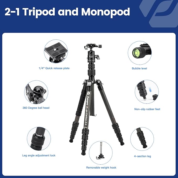 Fotopro 59" Carbon Fiber Travel Tripod, Lightweight Compact Camera Tripod - Image 6