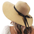 Womens Straw Hat Foldable Wide Brim Floppy Beach Sun Hat for Women Roll up Cap UPF 50+ Adjustable Strap Vacation (Ad Khaki 5.9" Brim, 1 Pack)