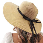 Womens Straw Hat Foldable Wide Brim Floppy Beach Sun Hat for Women Roll up Cap UPF 50+ Adjustable Strap Vacation (Ad Khaki 5.9" Brim, 1 Pack)