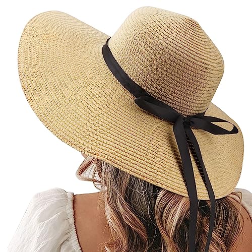 Womens Straw Hat Foldable Wide Brim Floppy Beach Sun Hat for Women Roll up Cap UPF 50+ Adjustable Strap Vacation (Ad Khaki 5.9" Brim, 1 Pack)