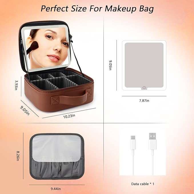 Travel Makeup Bag with LED Mirror Travel Makeup Organizer with 3 Lighted - Image 7
