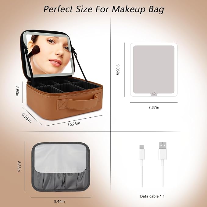 Travel Makeup Bag with LED Mirror Travel Makeup Organizer with 3 Lighted - Image 7