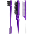 3 Pieces Hair Styling Comb Set Teasing Brush Rat Tail Comb Edge Brush for Edge&Back Brushing, Combing, Slicking Hair for Women (Purple)