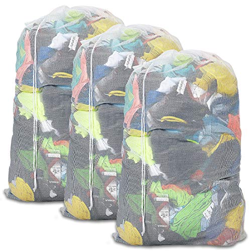 Laundry Bags Mesh Heavy Duty 24" x 36" with Drawstring Closure (White-3Pack)