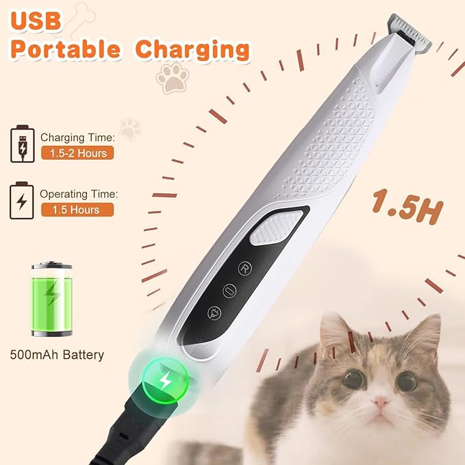 Professional Dog & Cat Trimmer - Quiet Electric Pet Grooming Kit for Ears/Eyes/Paws with LED Light - Cordless Battery-Powered Fur & Nail Clipper for Small/Large Breeds(White)