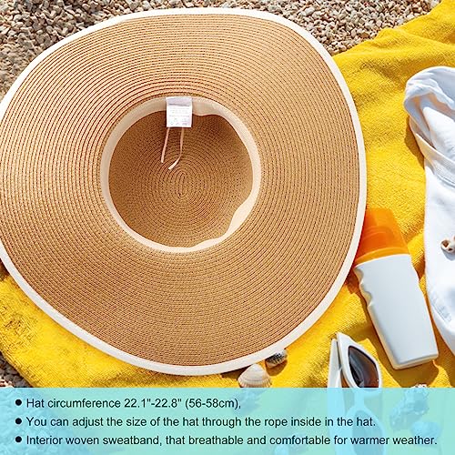 Women Twine Wide Brim Straw Hats Big Floppy Summer Hat Foldable Roll up Cap Beach Sun Hat UPF 50+ (Straw Hat: Khaki 5.9" Brim, 1 Pack)