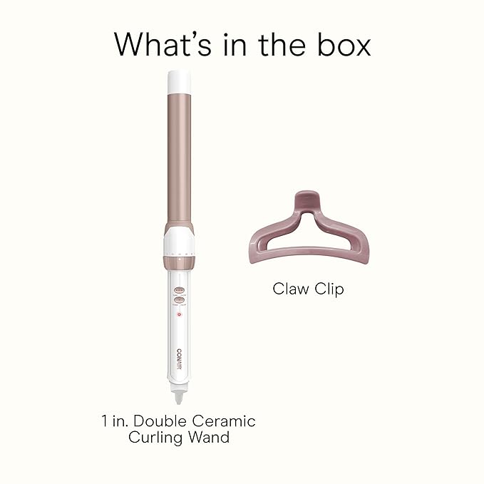 Conair Double Ceramic 1-Inch Curling Wand with Claw Clip, Produces Flawless Waves, Curling Iron for Use on Medium and Long Hair, 30 Heat Setting Curling Iron, White