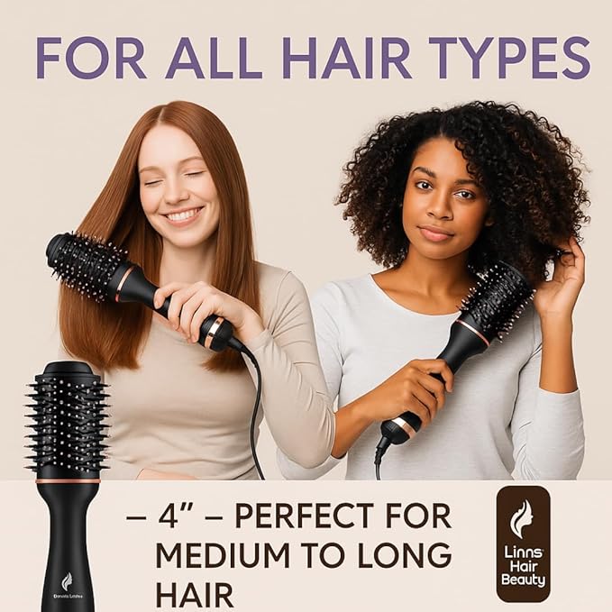 LHB 500 Professional Hot Air Brush, Round Styling Brush Hair Dryer, 2-in-1 Blowout Brush with Rose Gold Accents, Black