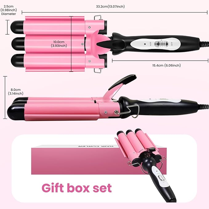 3 Barrel Curling Iron - Crimper Hair Tool 1" Ceramic Hair Crimper & Crimping Iron | Triple Barrel Hair Waver for Women Beach Waves, Dual Voltage, 2 Temp Settings