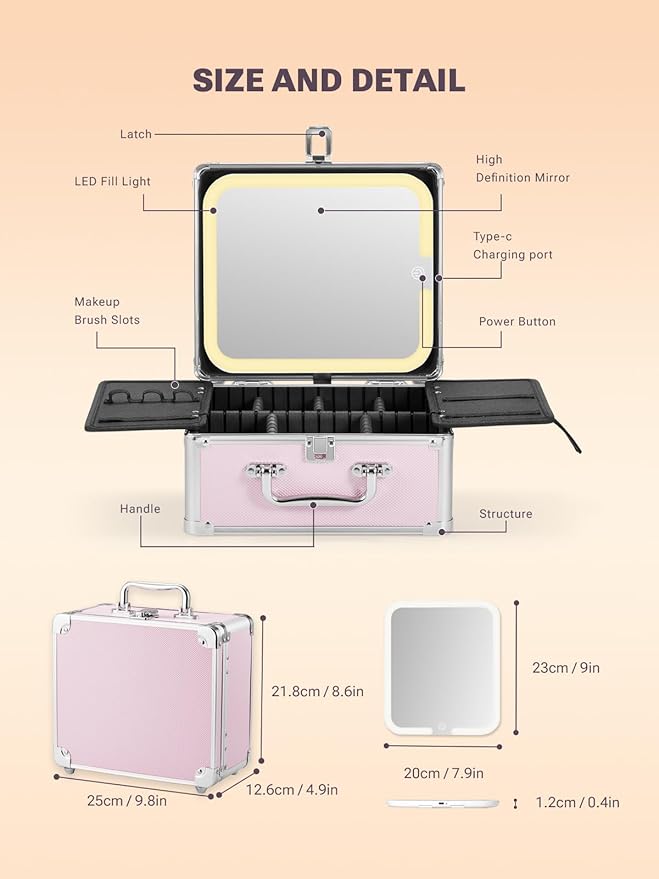 Qislee Makeup Box with A Detachable Lighted Mirror, Waterproof Travel Train Case - Image 3