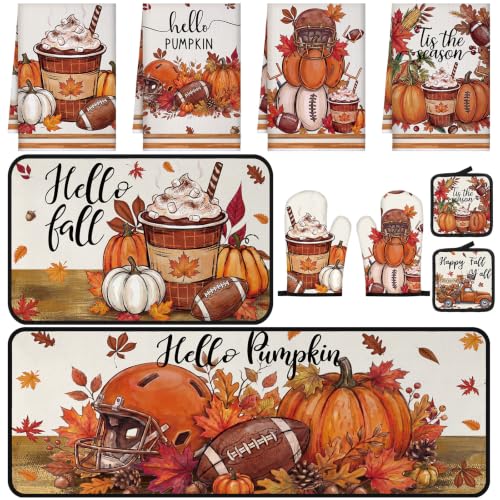 10 Pcs Fall Pumpkin Kitchen Decor Set Kitchen Towels Pot Holders Oven Mitts and Rugs Set Thanksgiving Towels for Baking Cooking BBQ Autumn Home (Dark Orange / Football)