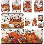 10 Pcs Fall Pumpkin Kitchen Decor Set Kitchen Towels Pot Holders Oven Mitts and Rugs Set Thanksgiving Towels for Baking Cooking BBQ Autumn Home (Dark Orange / Football)