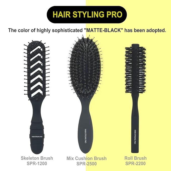 VESS Hair Styling Pro Skeleton Brush-Matte Black-7 Row Nylon Brush, SPR-1200, Made in Japan