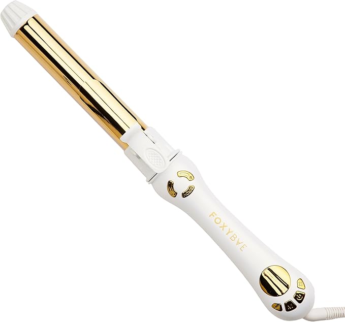 FoxyBae Automatic Curling Iron - Professional Auto Rotating Hair Curler Wand for Long Hair w/Temp Control -1.25” Titanium Hot Hair Styling Tools for Silky Curls - Self Hair Curlers [Pearl White-Gold]