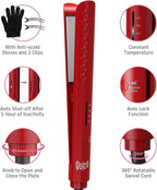 Quico Hair Straightener, 110-240V Global Travel Hair Straighteners for Women, 15s Fast Heating, Professional Negative Ion Flat Iron, Temp Memory, 320℉-450℉, Auto-Off, with Glove and Clips, Gift, Red