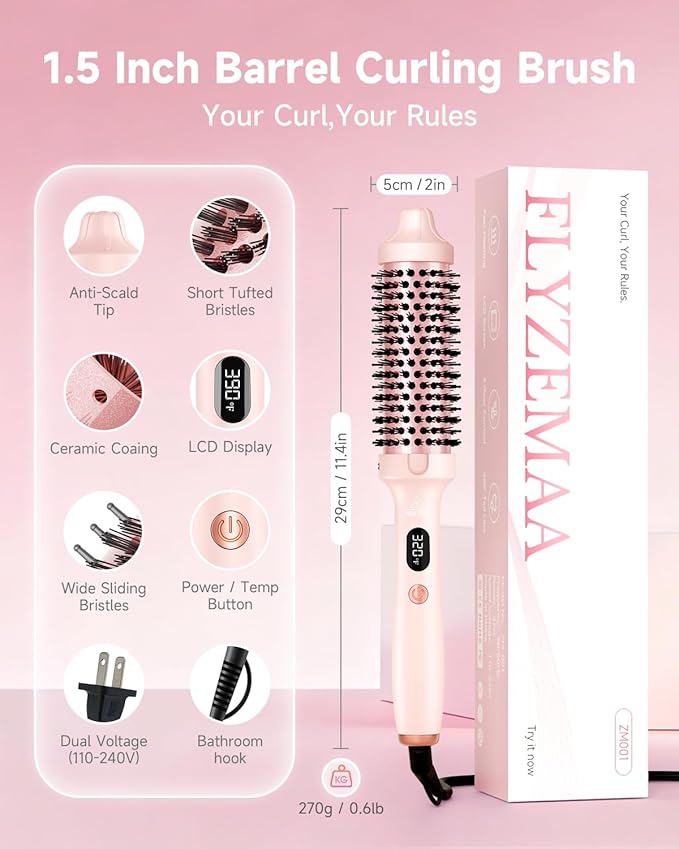 Thermal Brush, FLYZEMAA 1.5 Inch Heated Round Brush for Long Dry Hair, Heated Brushes Straightener with 3 Temp Settings, Blowout Brushes for Curling & Volumizing, Anti-Scald Nylon Bristles(Pink)